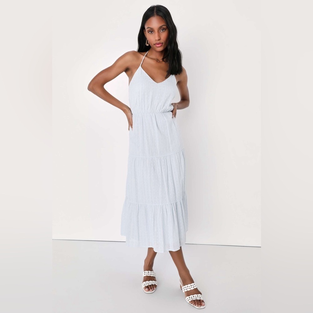 Lulus, size Medium, Sunny Reverie Light Blue Swiss Dot‎ Lurex Halter Midi Dress